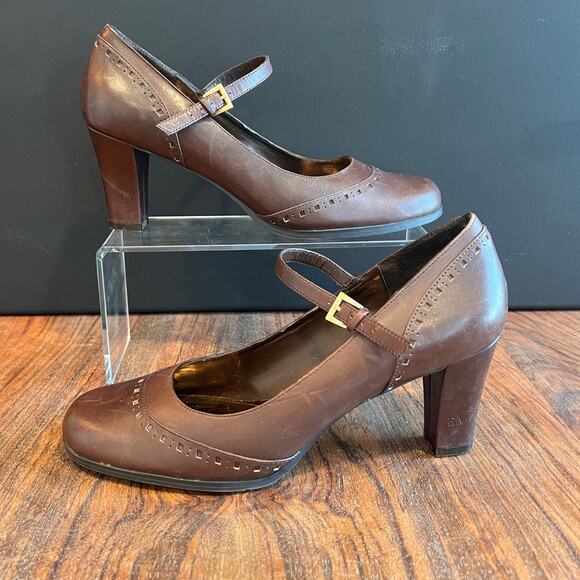 Etienne Aigner Brown Leather Eyelet Detail Nadine Mary Jane 8.5 - Picture 2 of 15